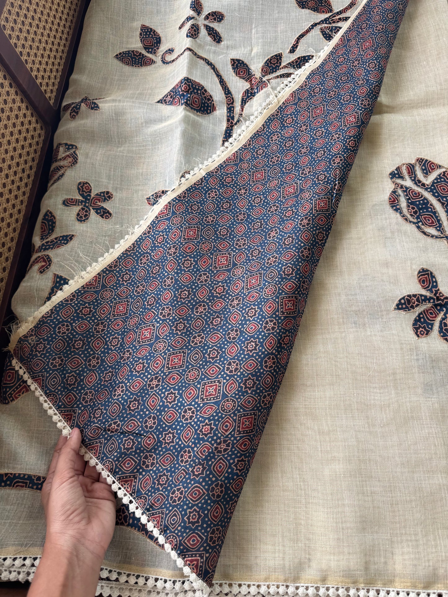 Premium Tissue Linen Sarees with appliqué work - Half White & Blue