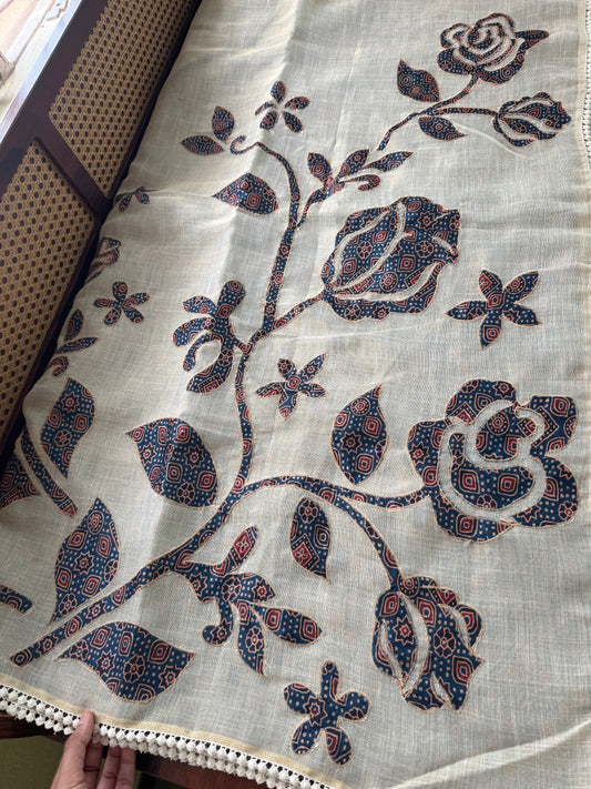 Premium Tissue Linen Sarees with appliqué work - Kerala Cream & Blue