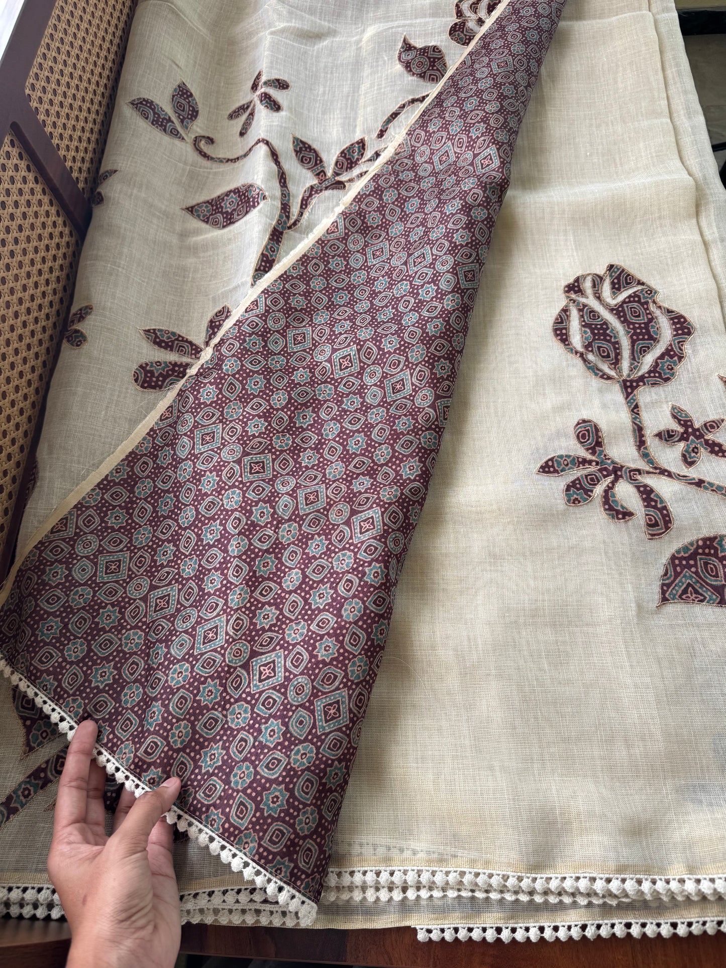 Premium Tissue Linen Sarees with appliqué work - Half White & Brown