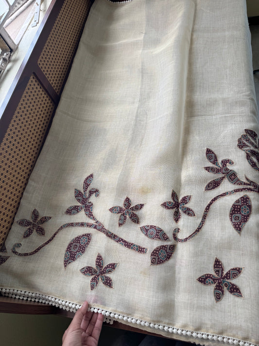 Premium Tissue Linen Sarees with appliqué work - Kerala Cream & Brown