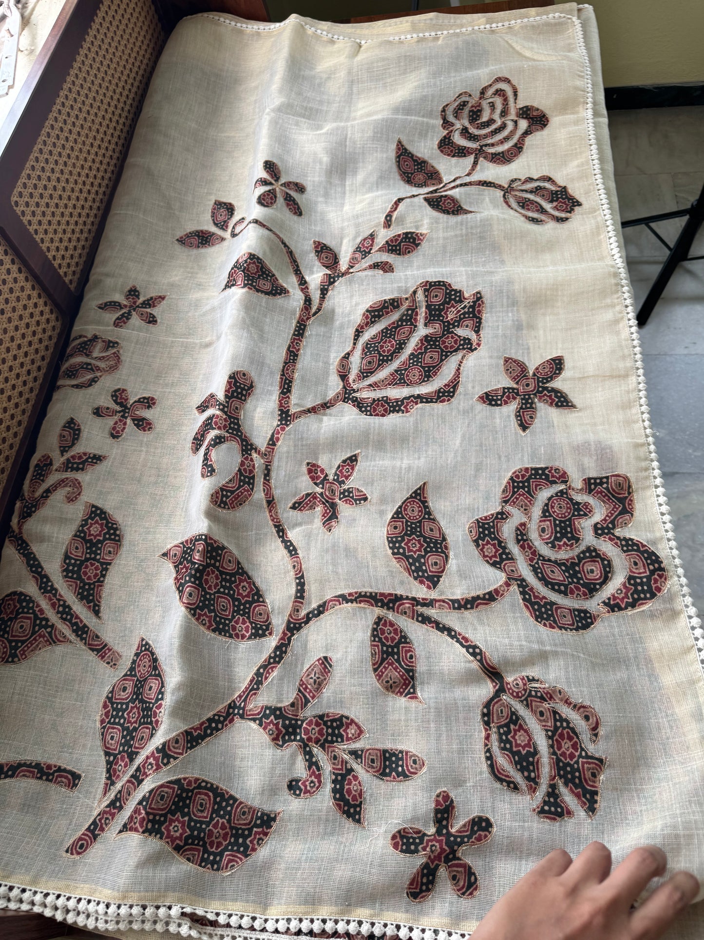 Premium Tissue Linen Sarees with appliqué work - Half White & Dark Green