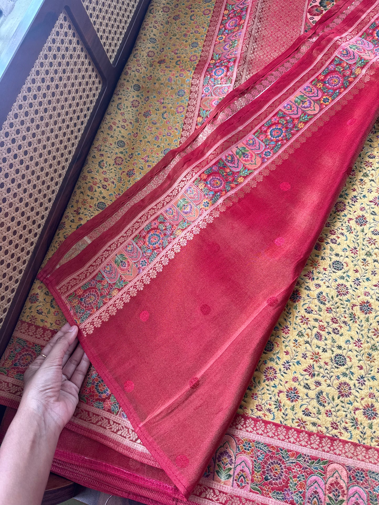 Luxe Pashmina Style Semi Silk Saree - Yellow & Red