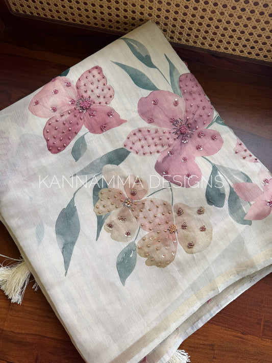 Floral Semi Linen Saree