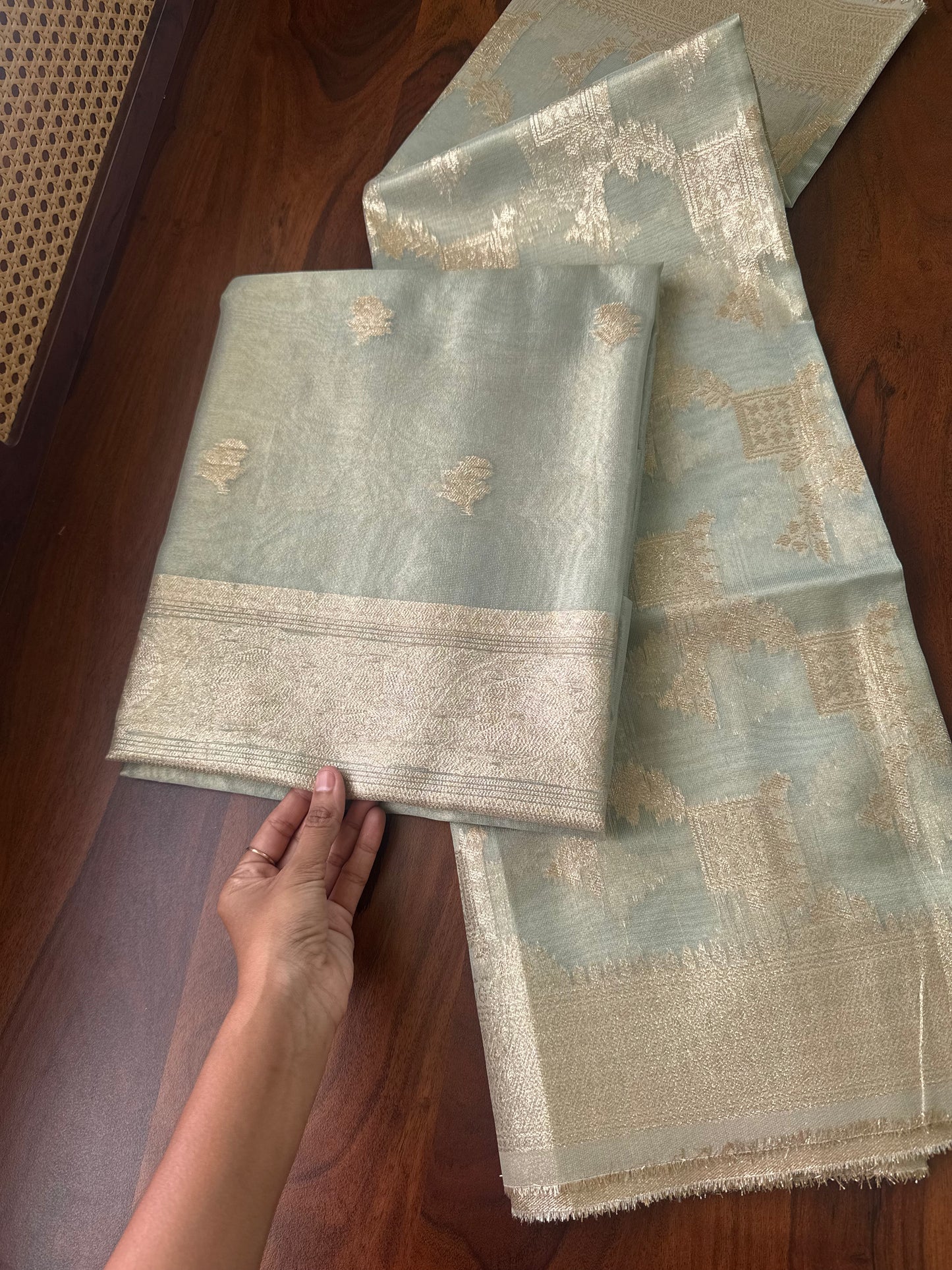 Zari Tissue Banarasi Unstitched Top & Shawl - Metallic Blue