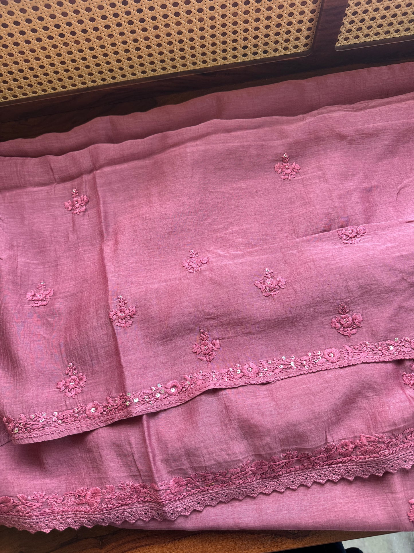 Pure Mul Chanderi Chikankari Saree - Mauve Pink