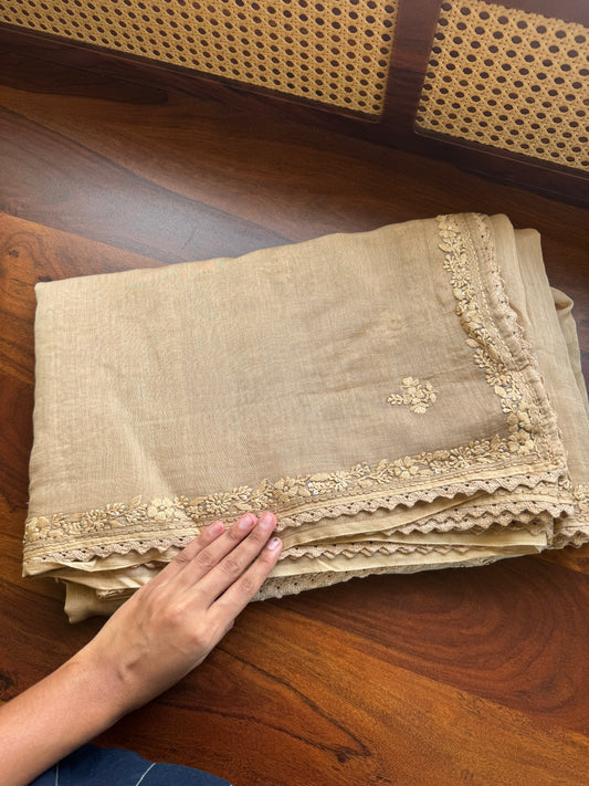 Pure Mul Chanderi Chikankari Saree - Beige