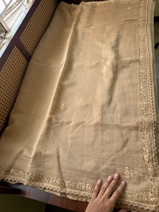 Pure Mul Chanderi Chikankari Saree - Beige