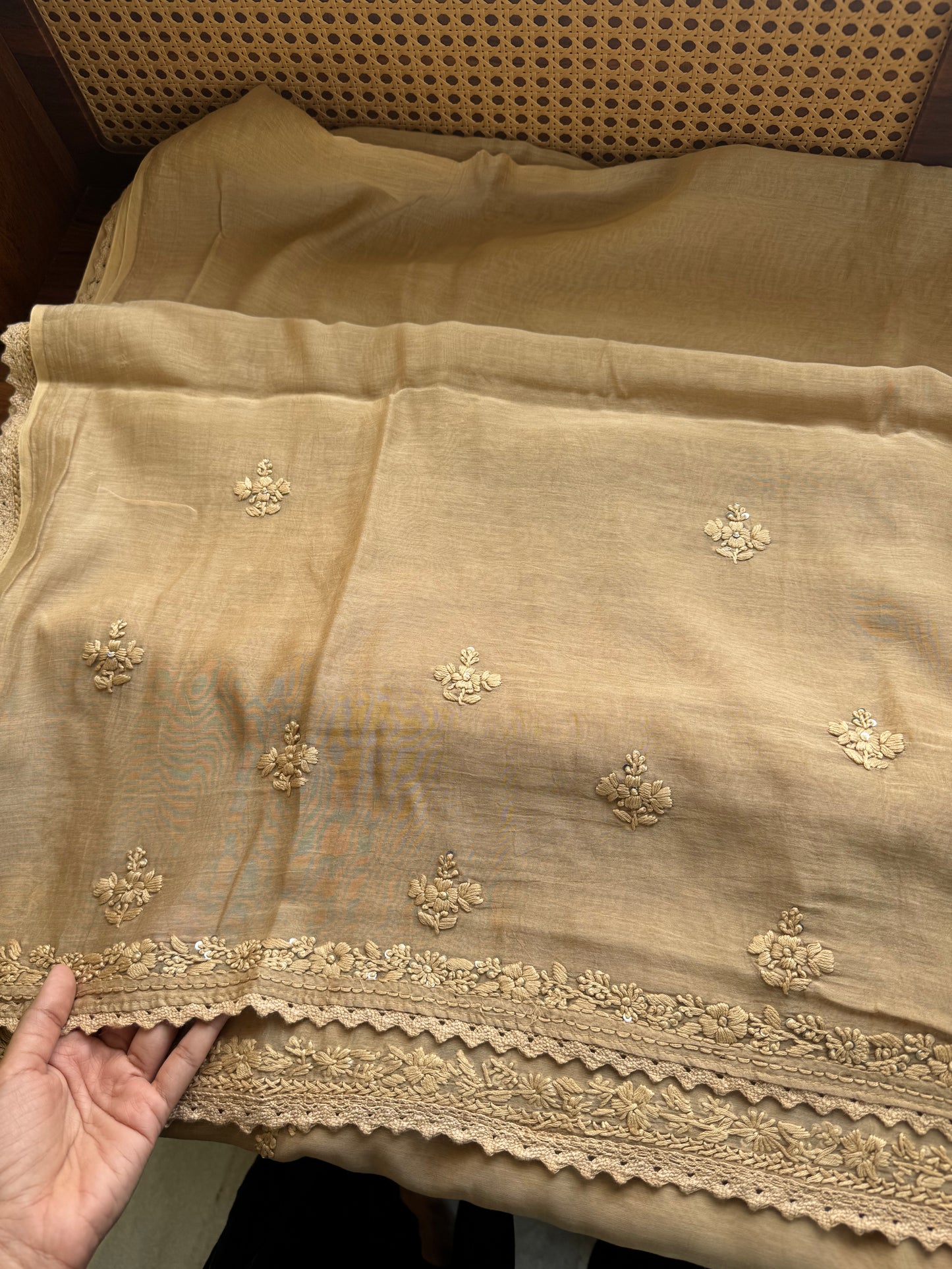 Pure Mul Chanderi Chikankari Saree - Beige