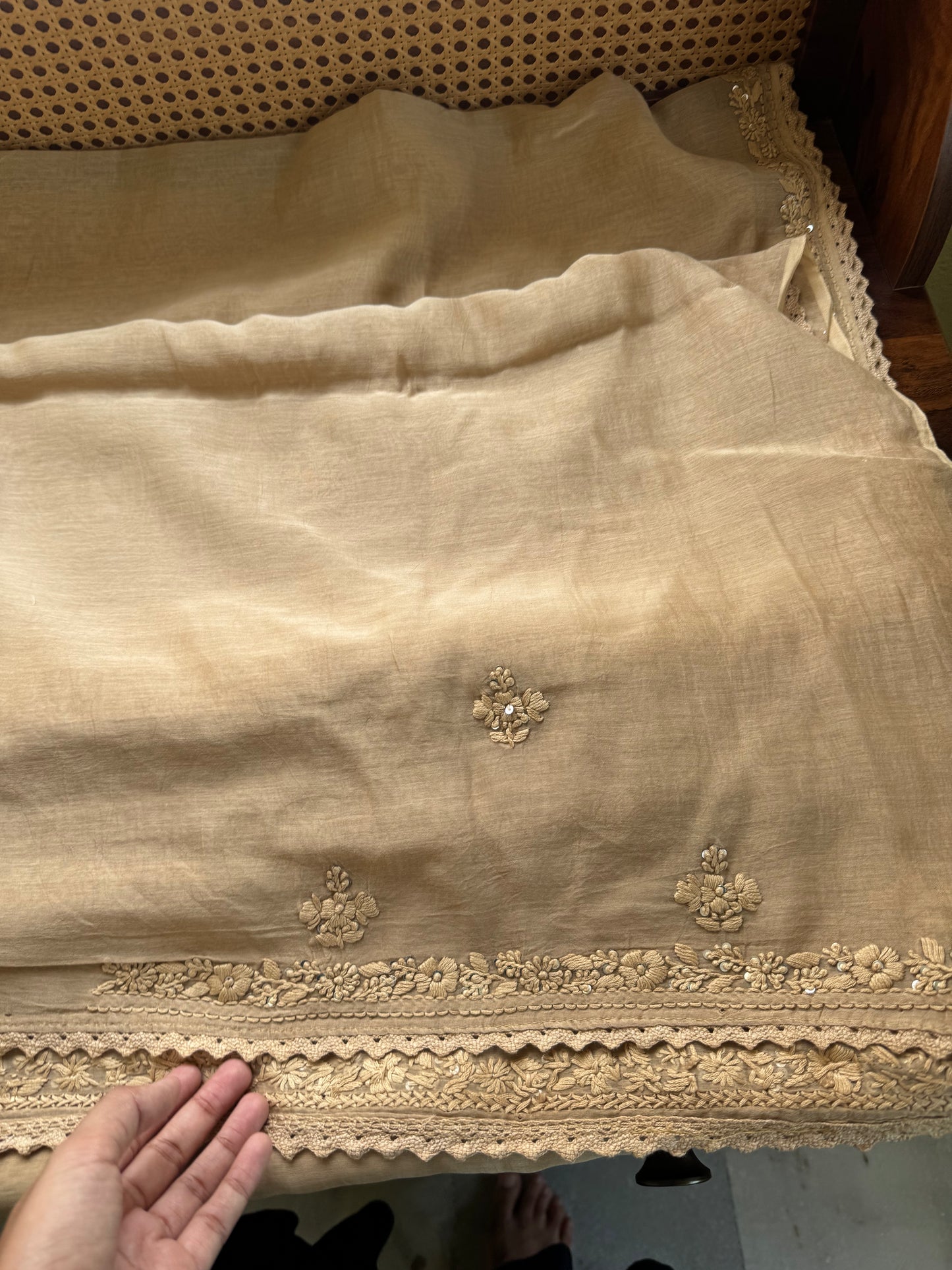 Pure Mul Chanderi Chikankari Saree - Beige