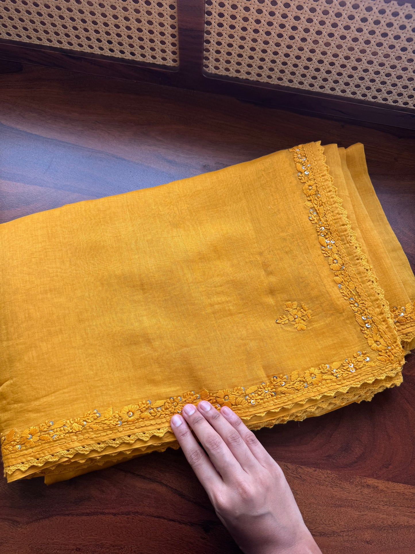 Pure Mul Chanderi Chikankari Saree - Yellow