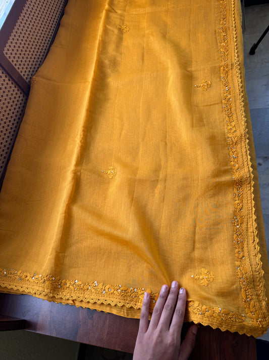 Pure Mul Chanderi Chikankari Saree - Yellow