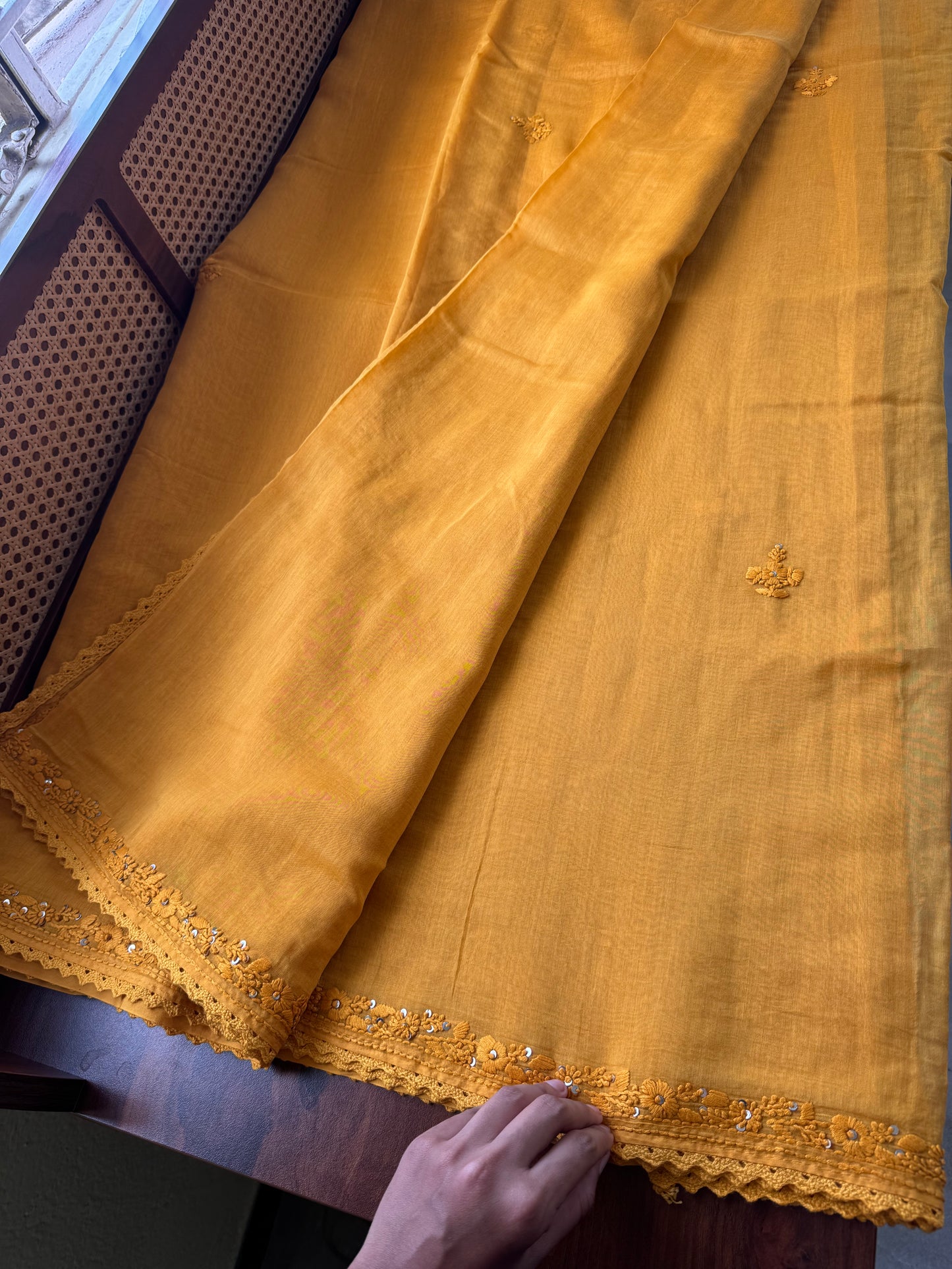 Pure Mul Chanderi Chikankari Saree - Yellow