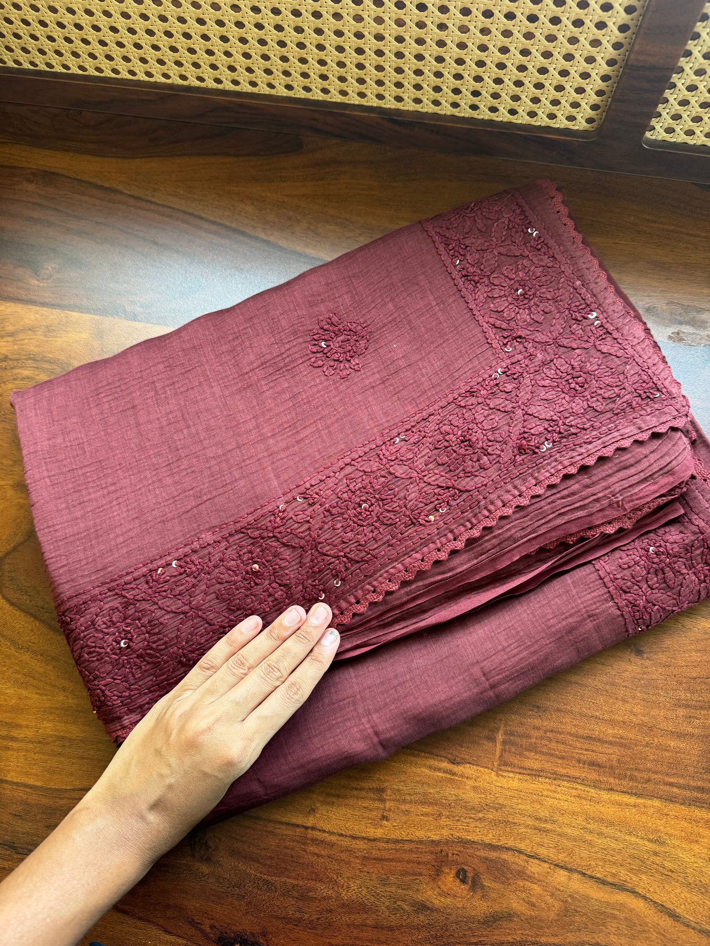 Pure Mul Chanderi Chikankari Saree - Maroon