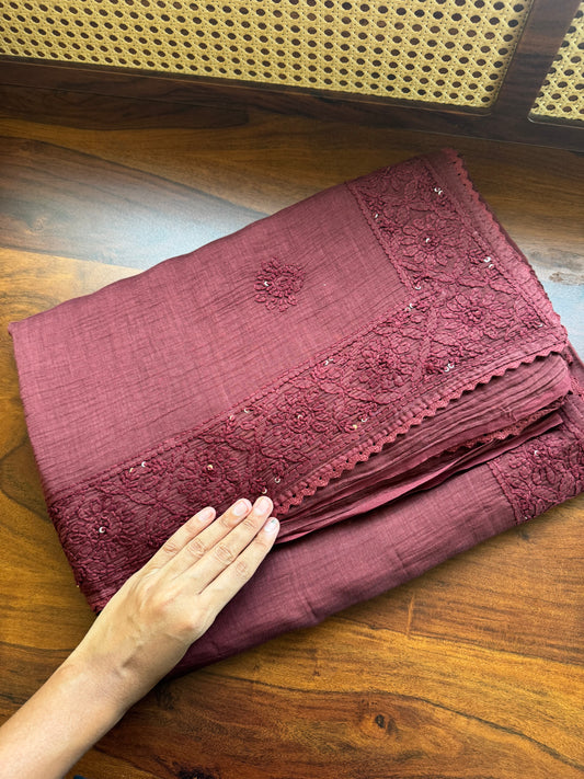 Pure Mul Chanderi Chikankari Saree - Maroon