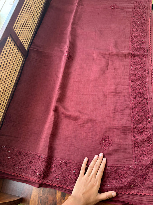Pure Mul Chanderi Chikankari Saree - Maroon