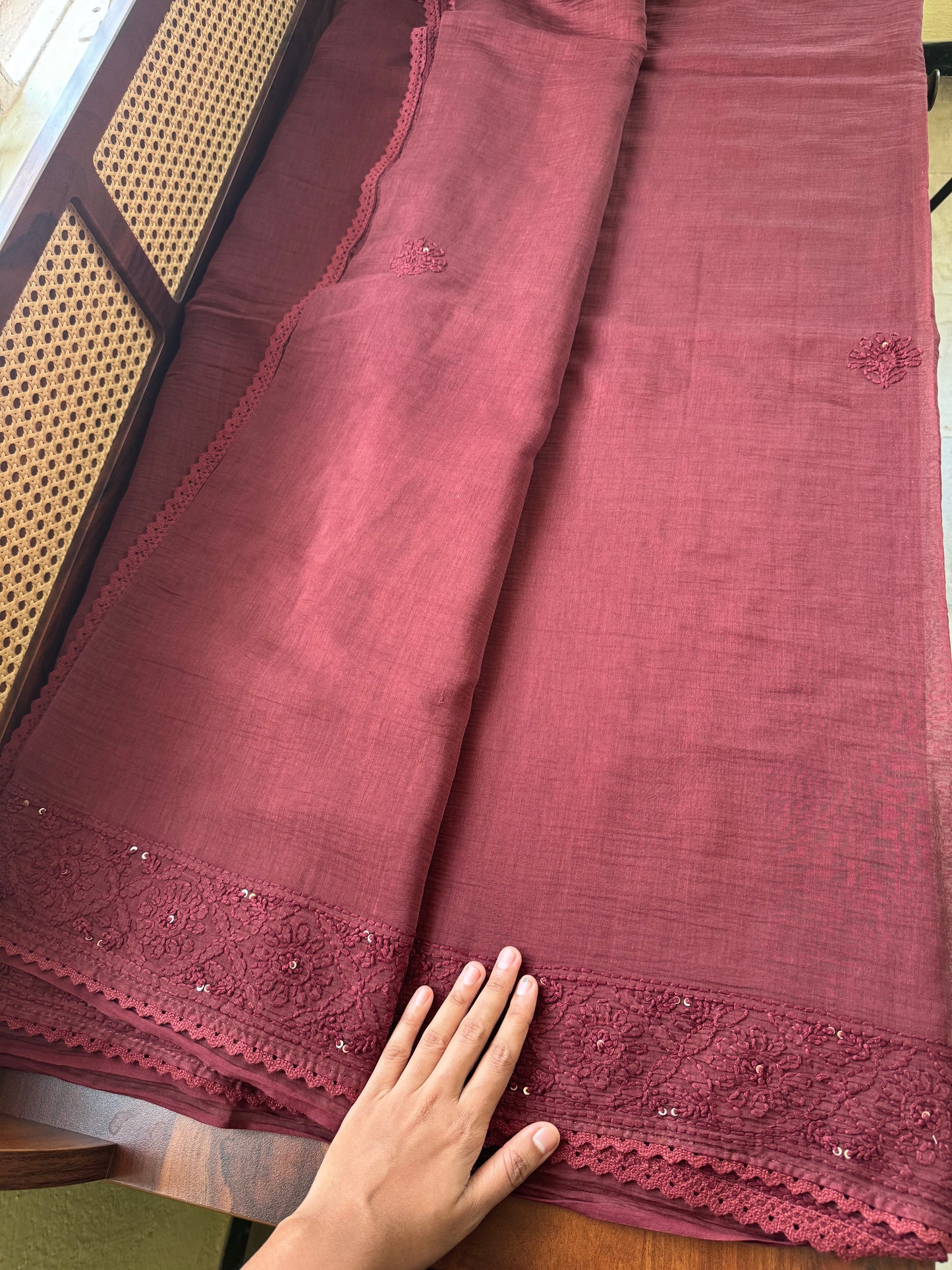 Pure Mul Chanderi Chikankari Saree - Maroon