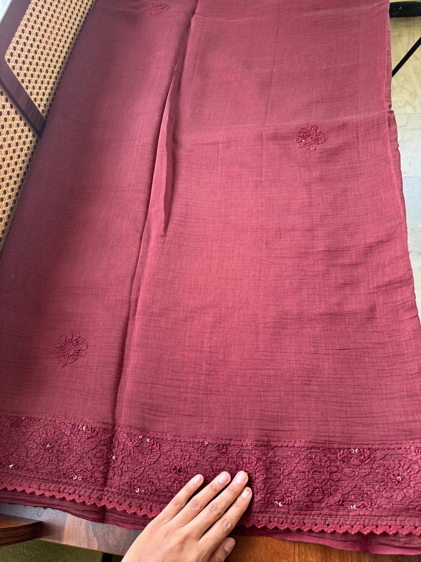 Pure Mul Chanderi Chikankari Saree - Maroon