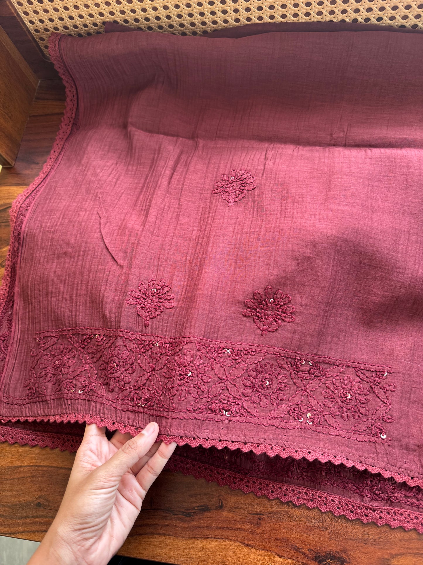 Pure Mul Chanderi Chikankari Saree - Maroon