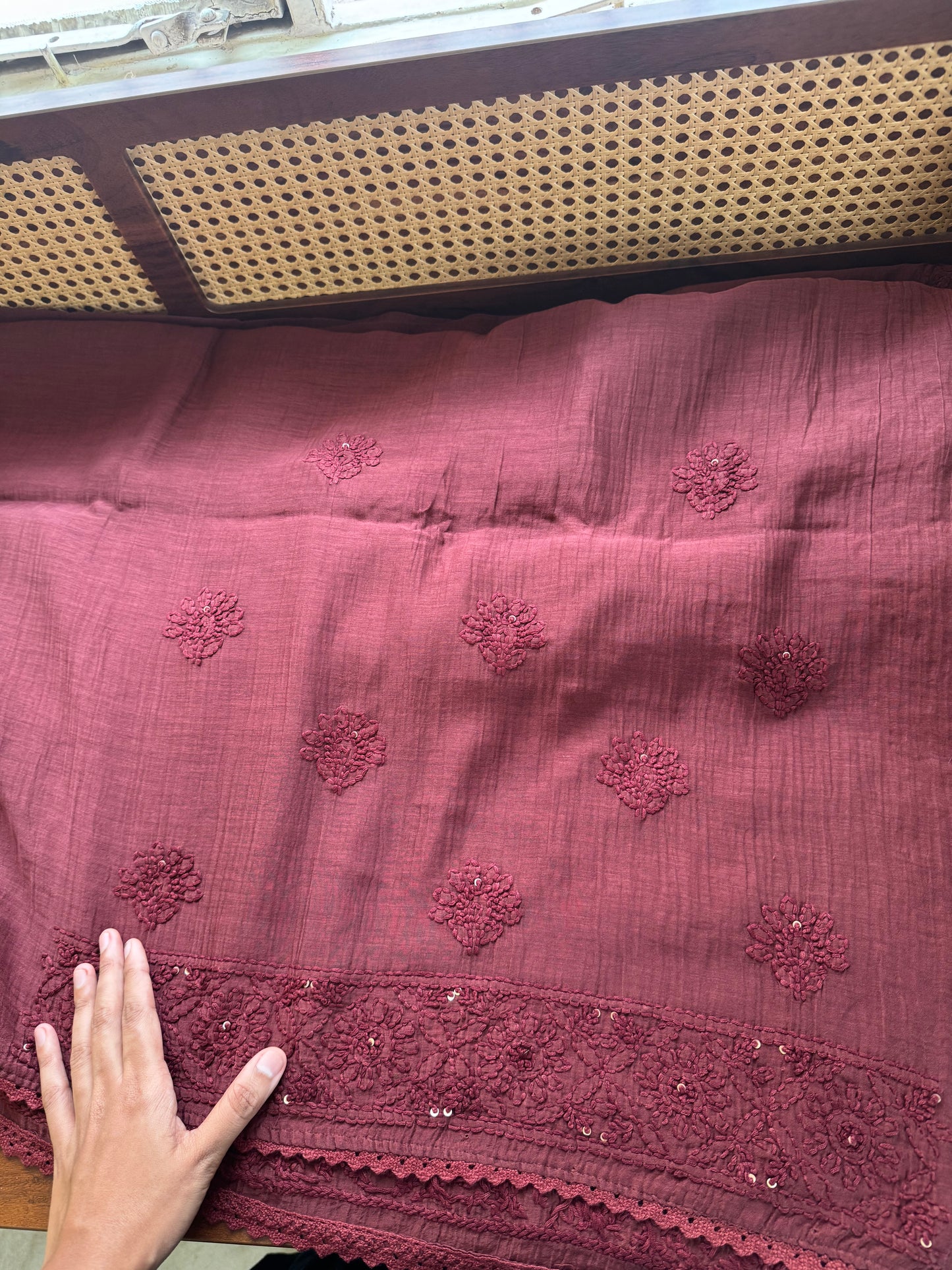 Pure Mul Chanderi Chikankari Saree - Maroon
