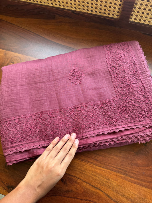 Pure Mul Chanderi Chikankari Saree - Deep Mauve Pink
