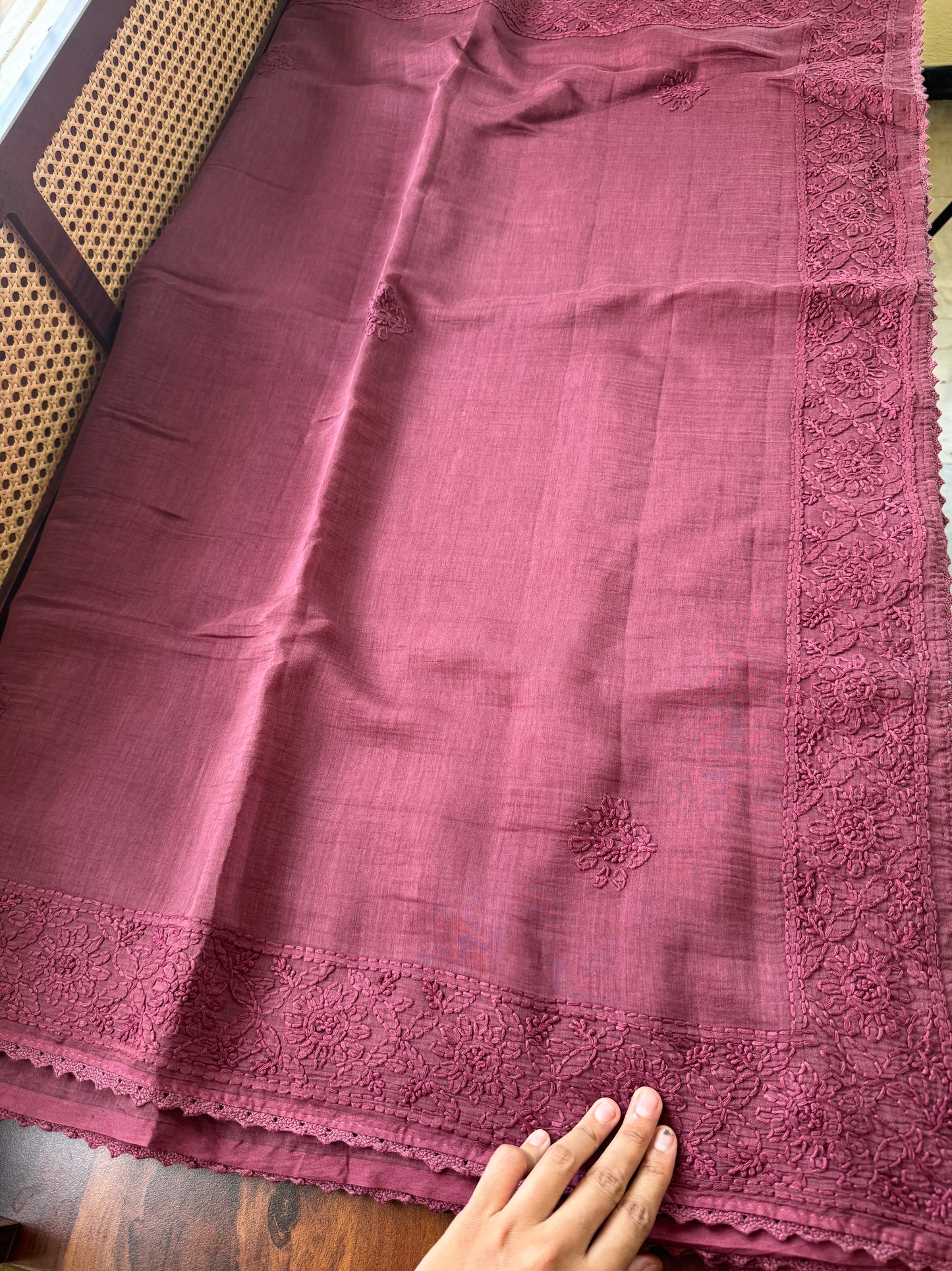 Pure Mul Chanderi Chikankari Saree - Deep Mauve Pink