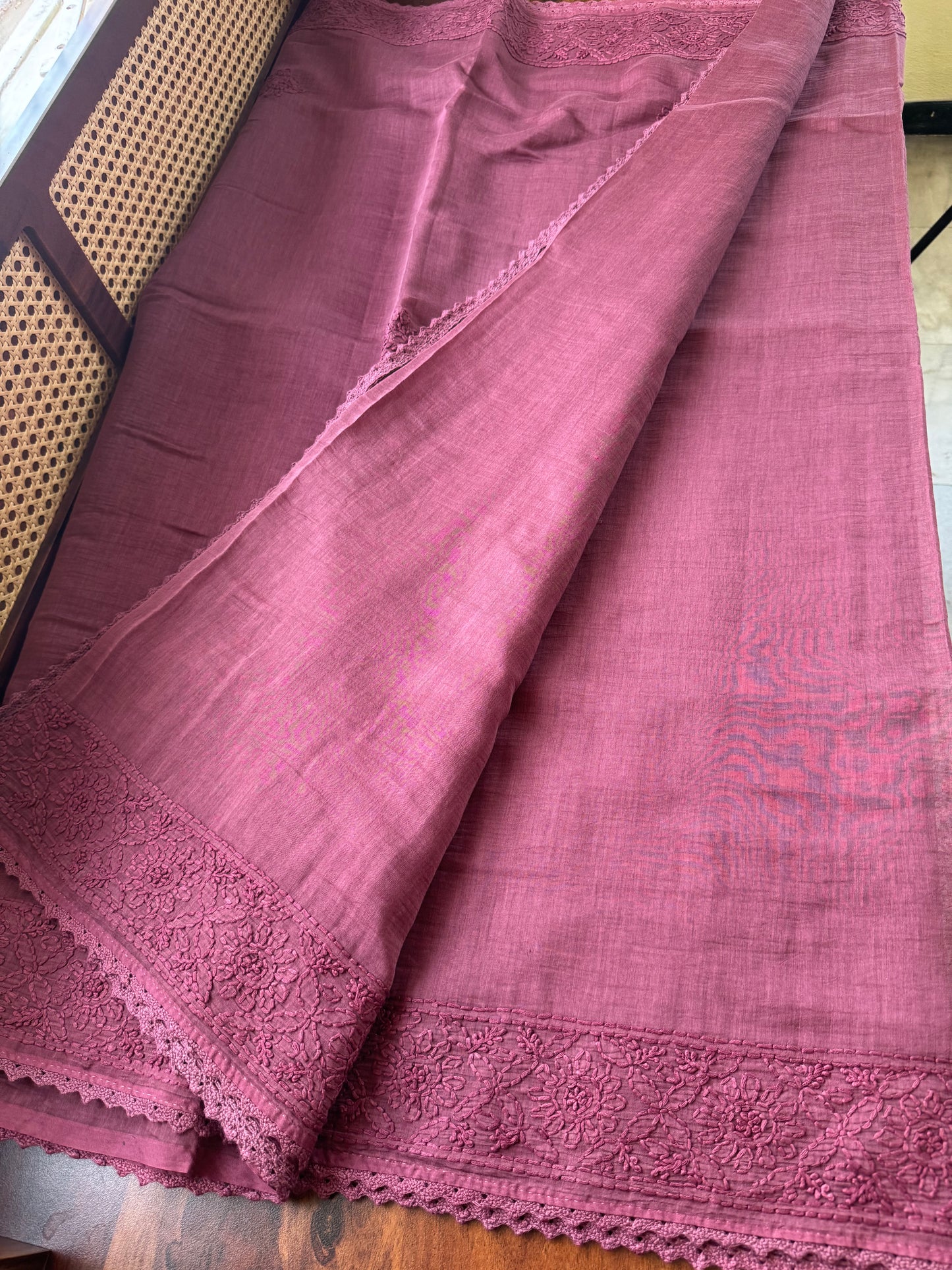 Pure Mul Chanderi Chikankari Saree - Deep Mauve Pink