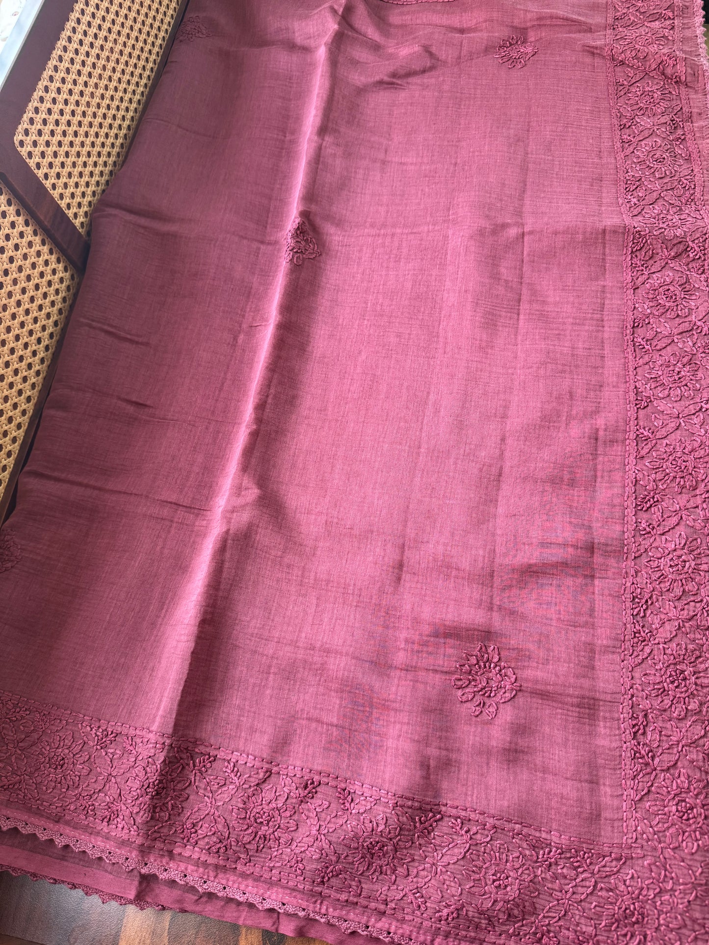 Pure Mul Chanderi Chikankari Saree - Deep Mauve Pink