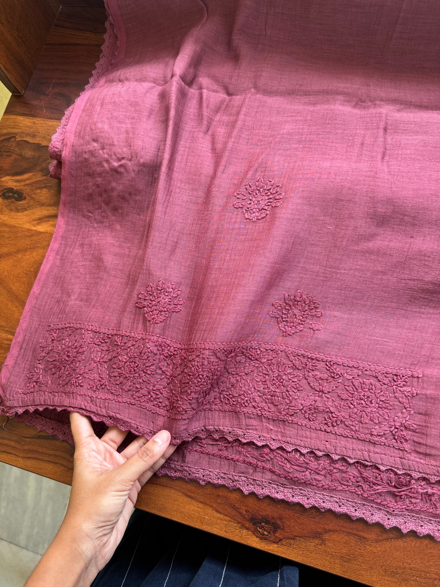 Pure Mul Chanderi Chikankari Saree - Deep Mauve Pink