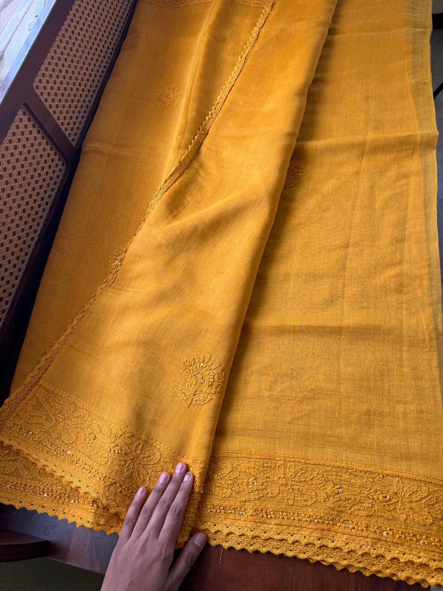 Pure Mul Chanderi Chikankari Saree - Yellow