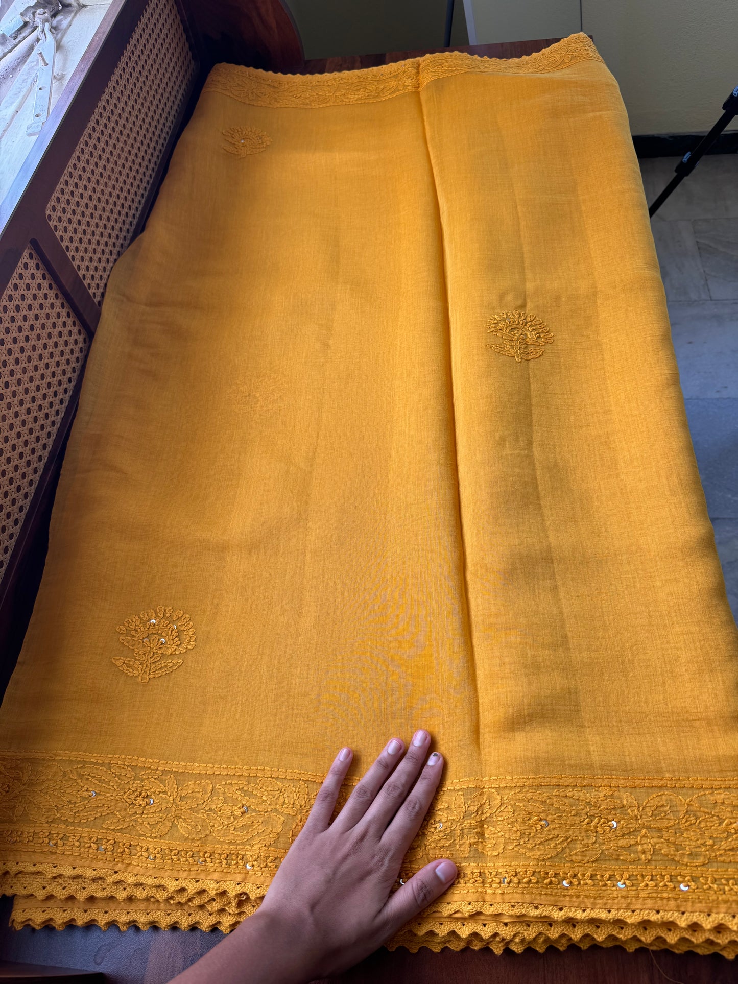 Pure Mul Chanderi Chikankari Saree - Yellow