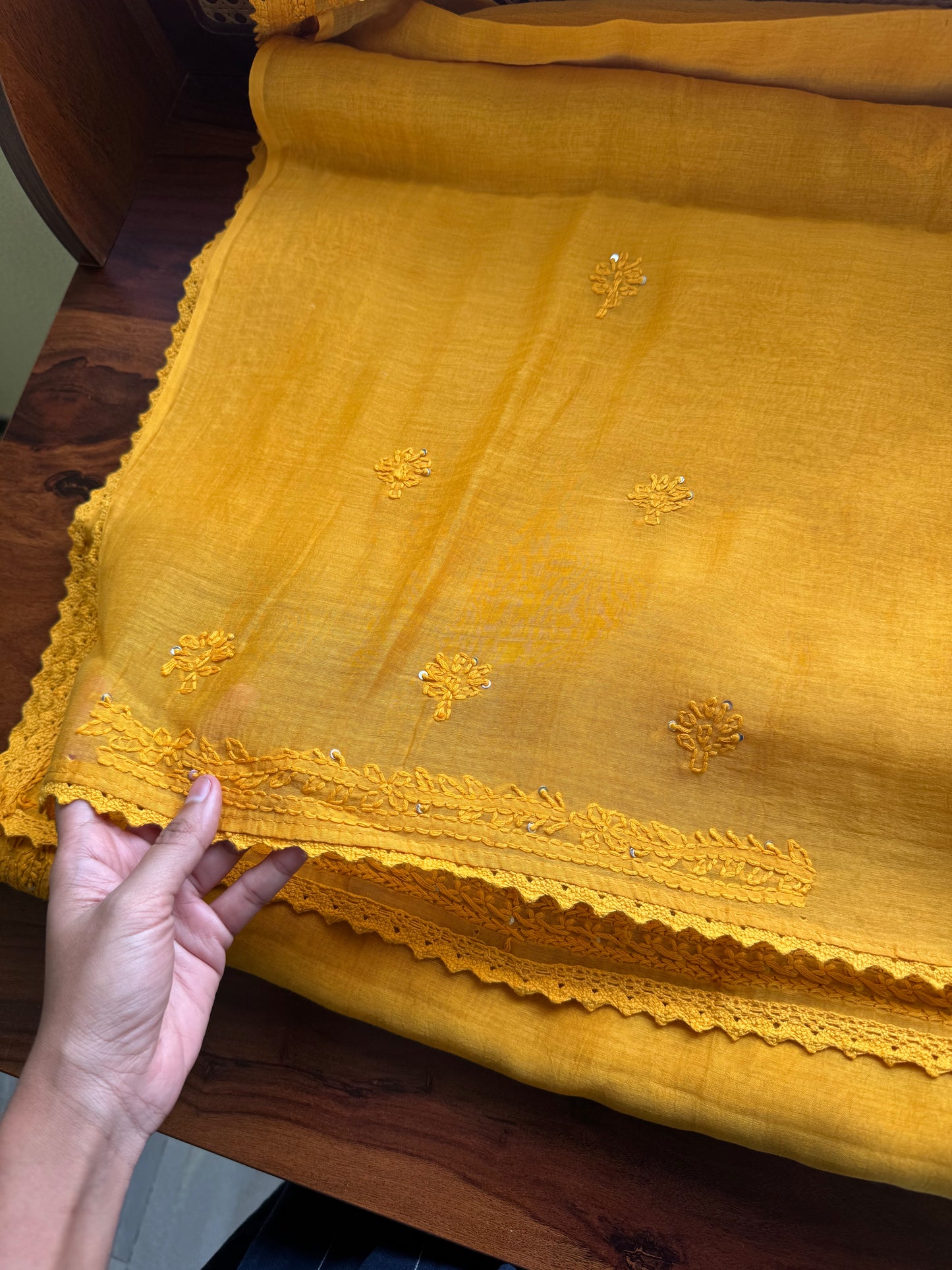 Pure Mul Chanderi Chikankari Saree - Yellow