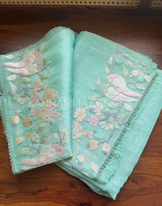 Tissue Organza Saree -Turquoise Blue to Green