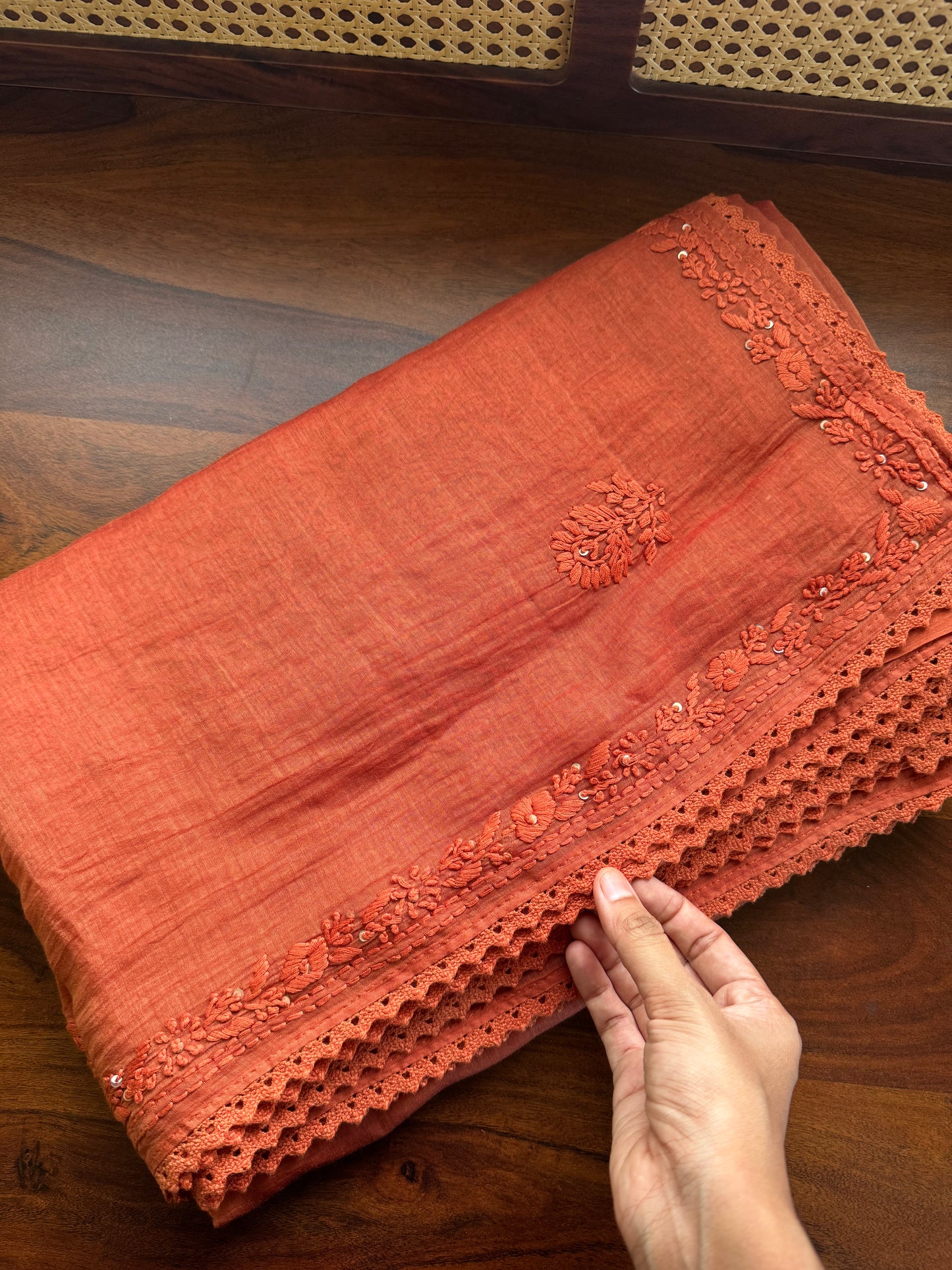 Pure Mul Chanderi Chikankari Saree with Jaal Heavy Blouse - Rust Orange