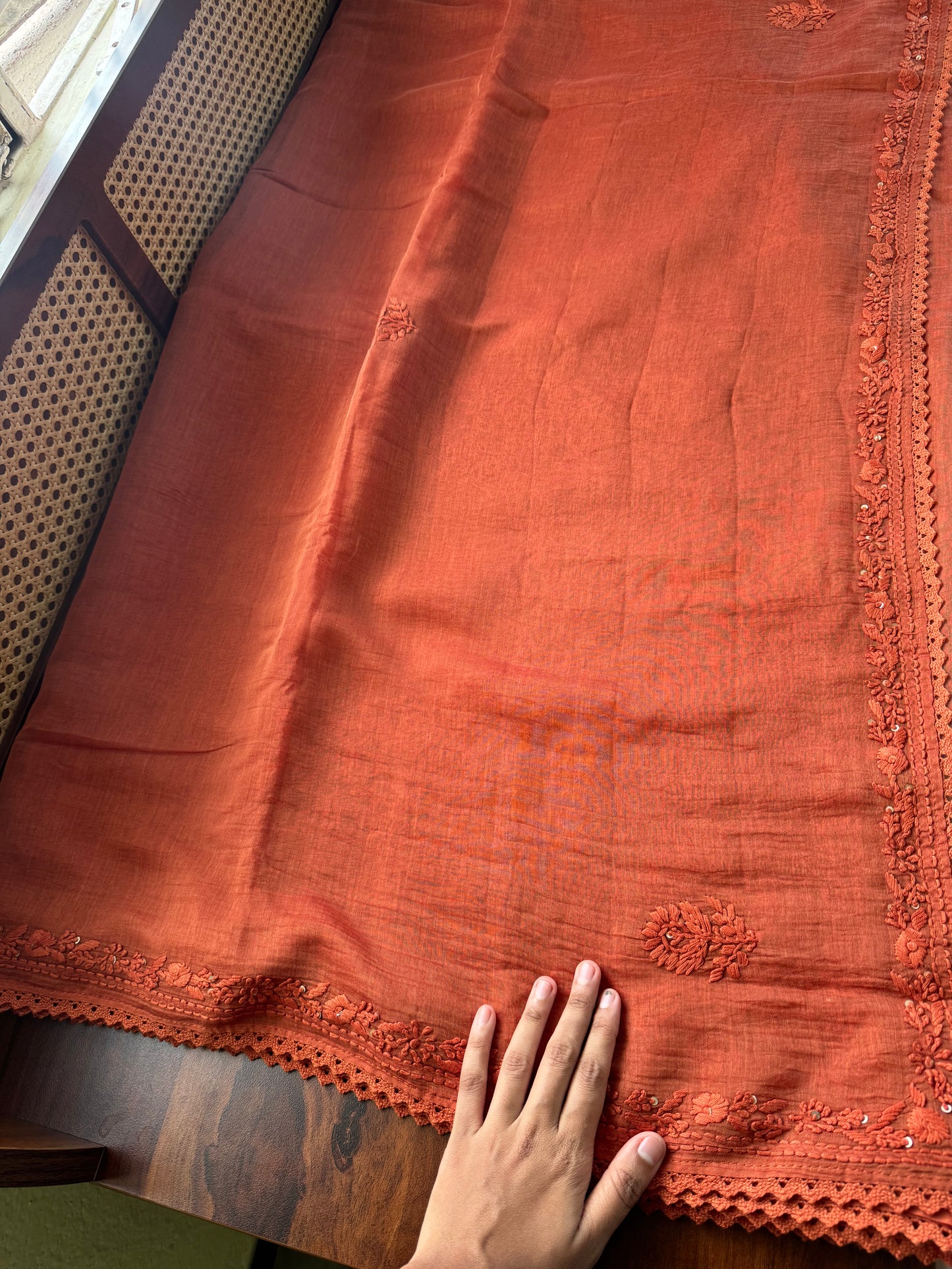 Pure Mul Chanderi Chikankari Saree with Jaal Heavy Blouse - Rust Orange