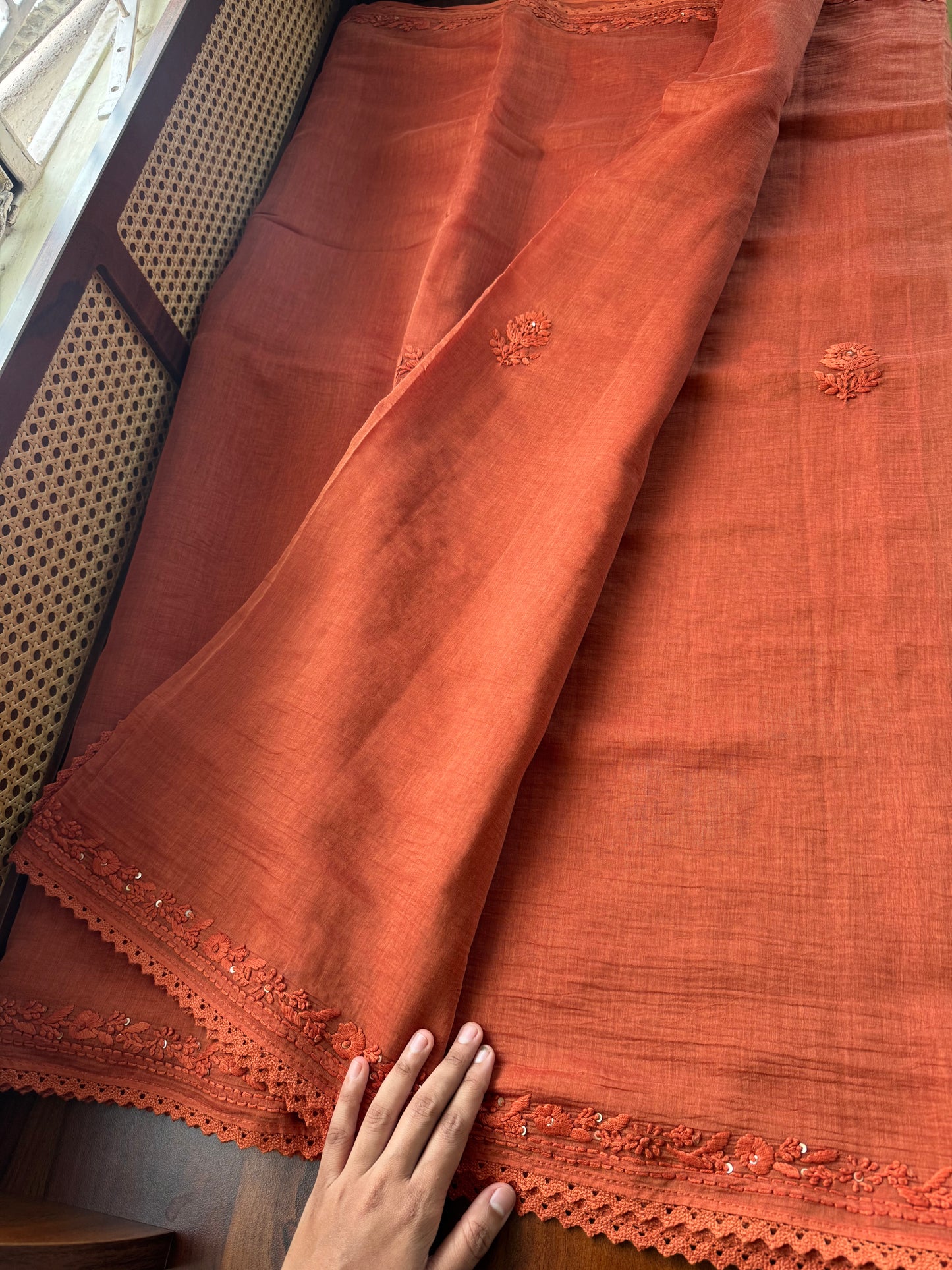 Pure Mul Chanderi Chikankari Saree with Jaal Heavy Blouse - Rust Orange