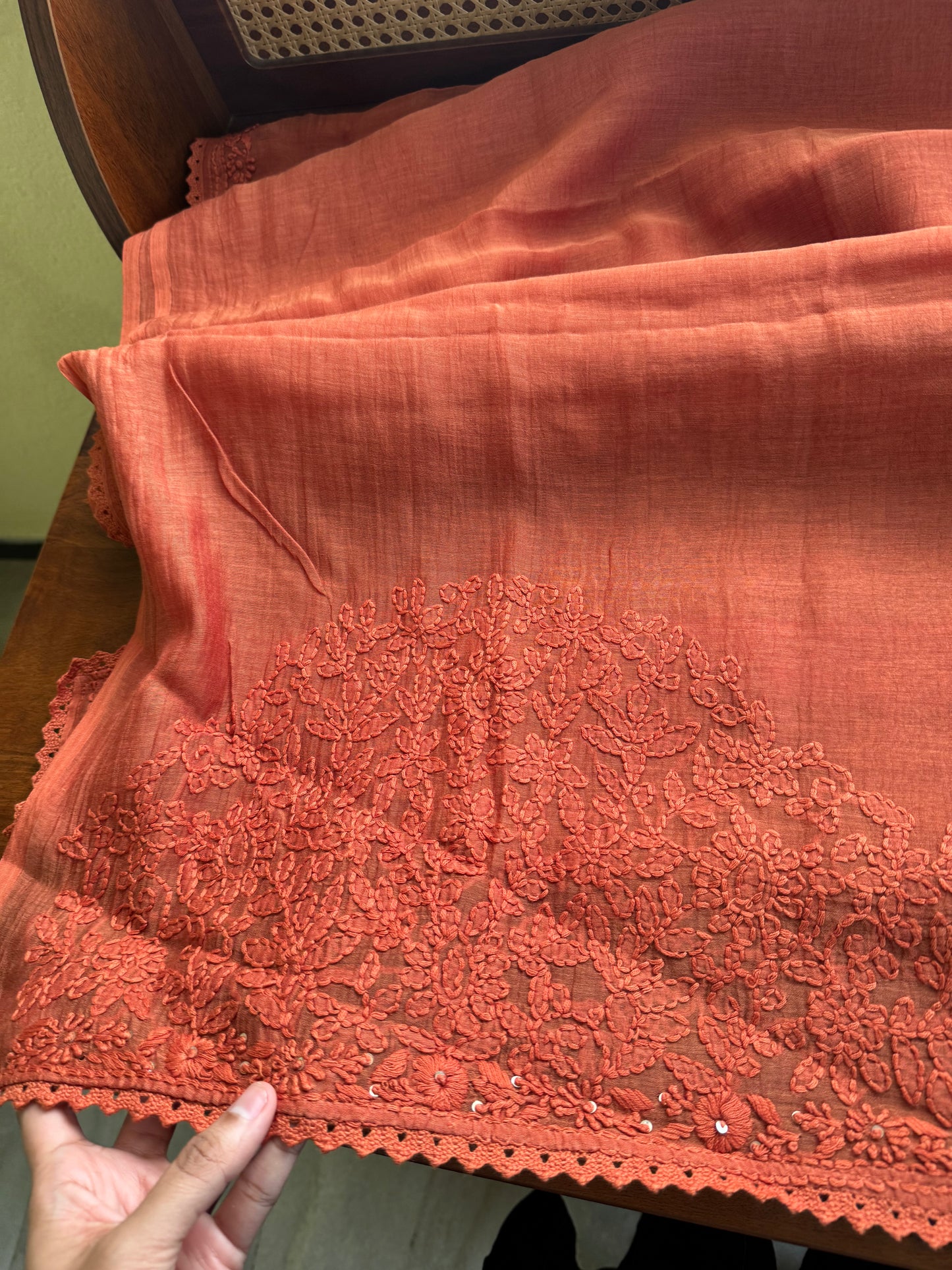 Pure Mul Chanderi Chikankari Saree with Jaal Heavy Blouse - Rust Orange
