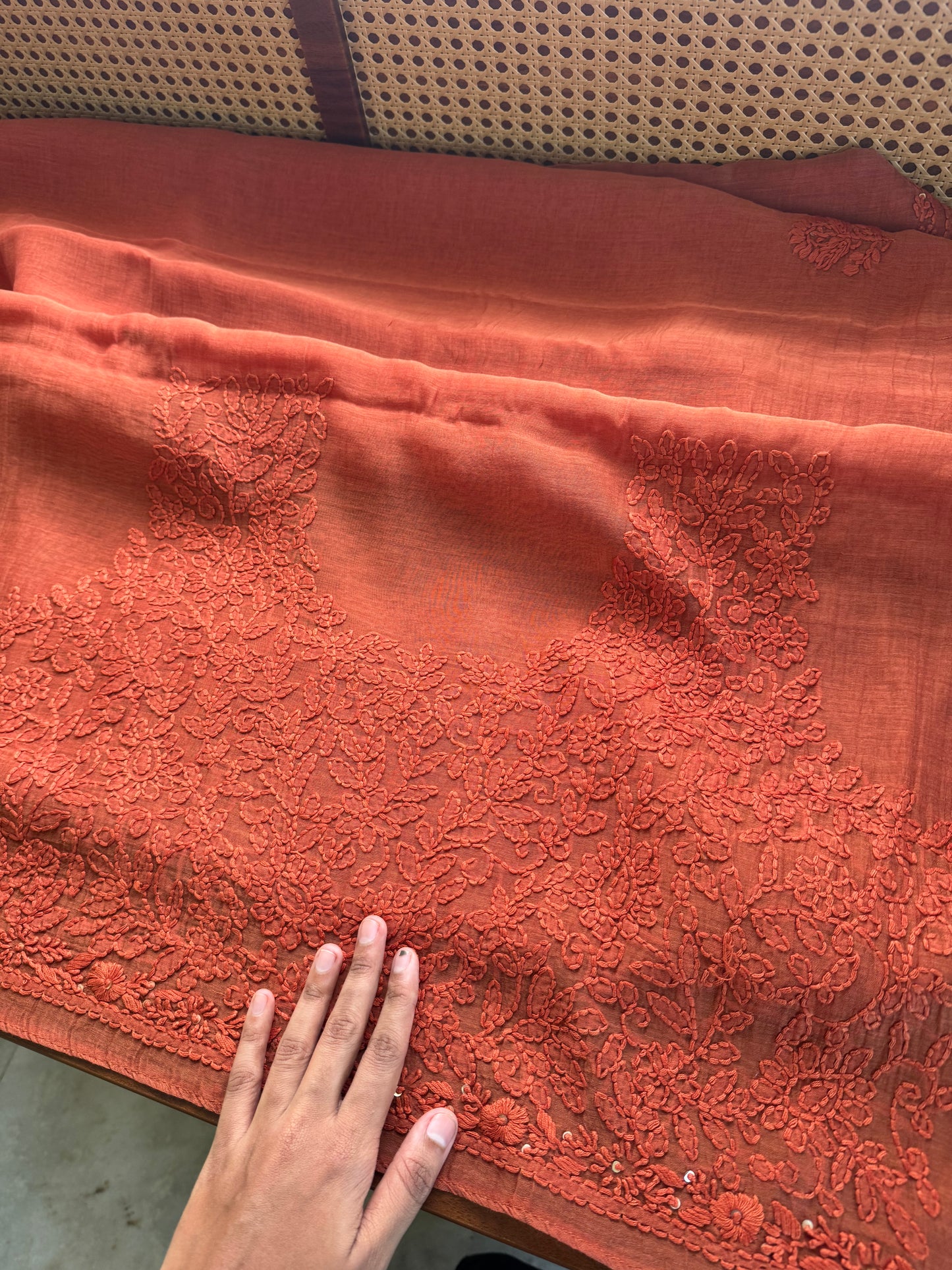 Pure Mul Chanderi Chikankari Saree with Jaal Heavy Blouse - Rust Orange