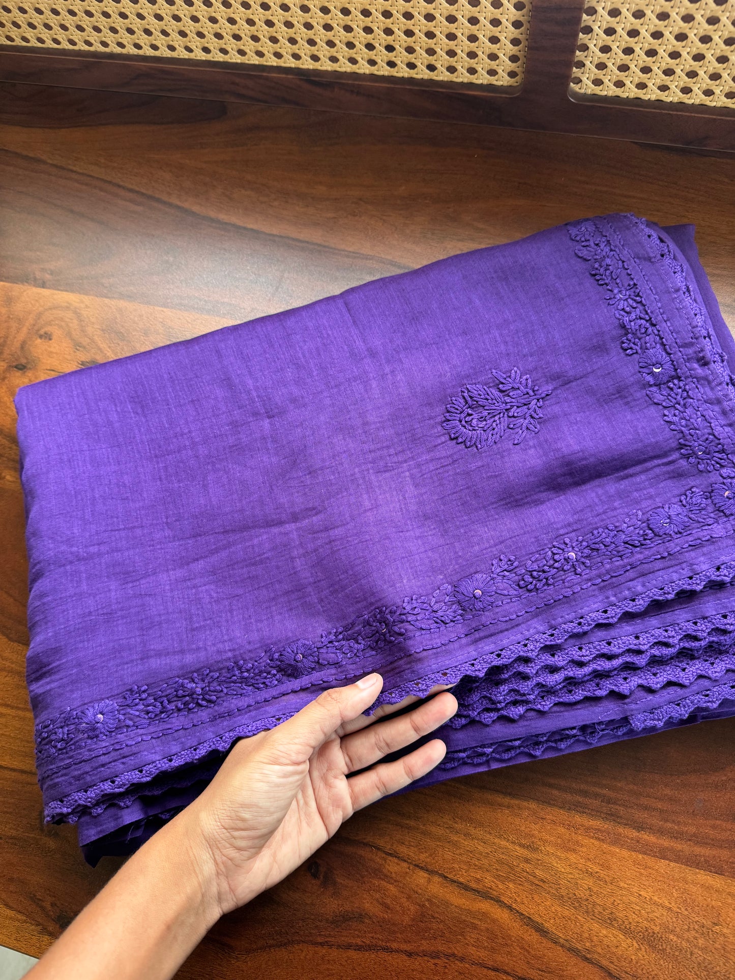 Pure Mul Chanderi Chikankari Saree with Jaal Heavy Blouse - Violet