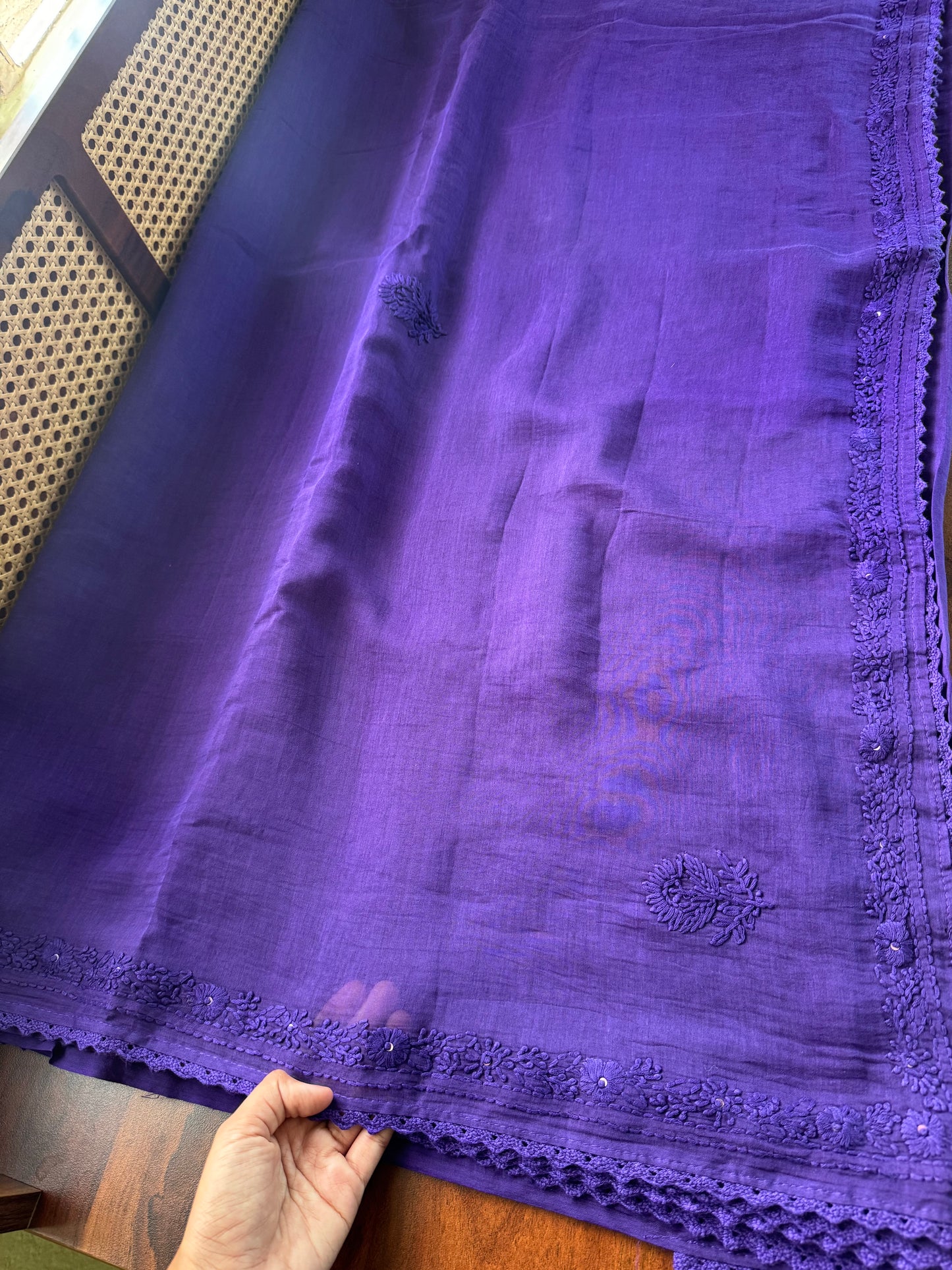Pure Mul Chanderi Chikankari Saree with Jaal Heavy Blouse - Violet