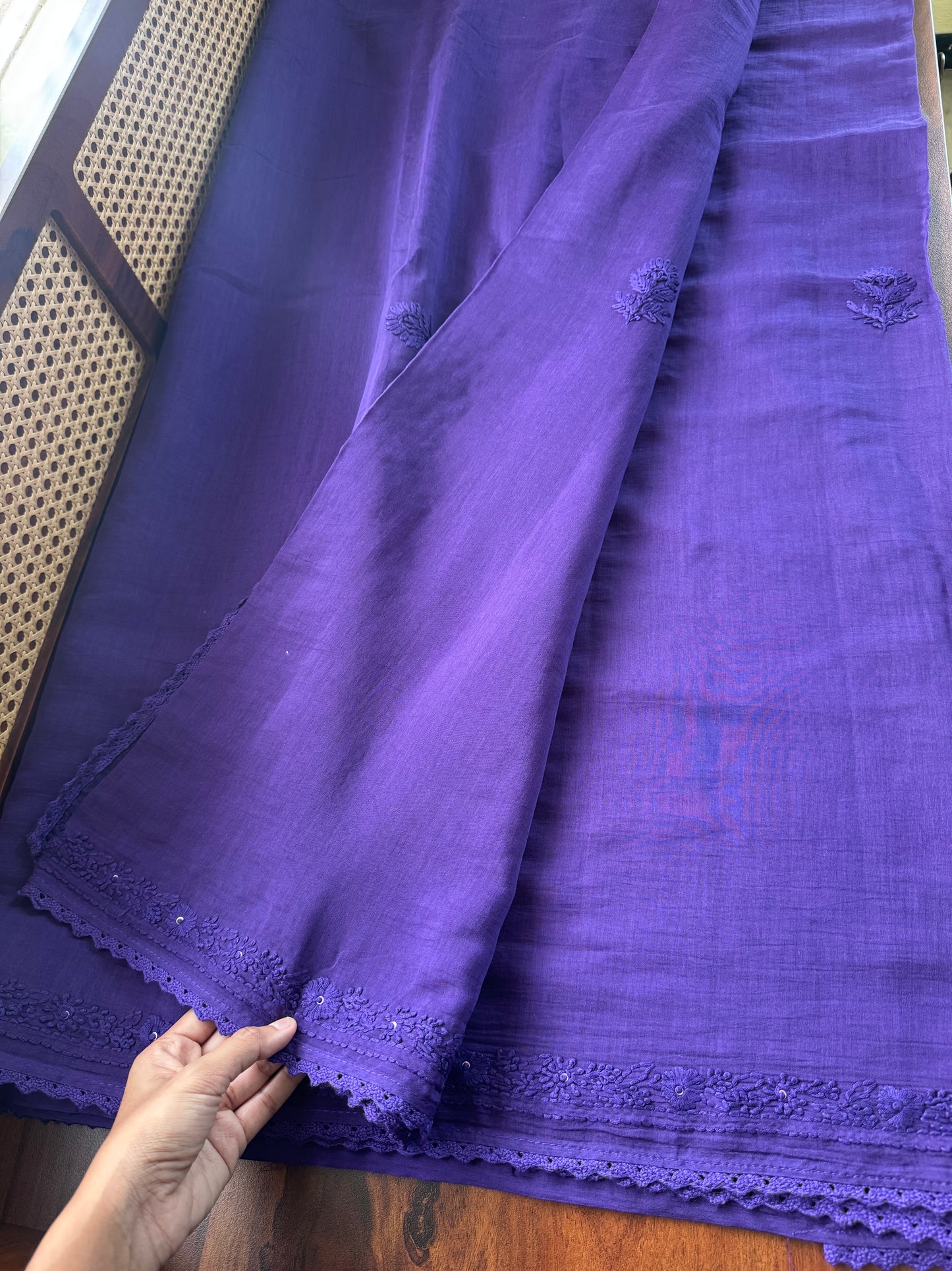 Pure Mul Chanderi Chikankari Saree with Jaal Heavy Blouse - Violet