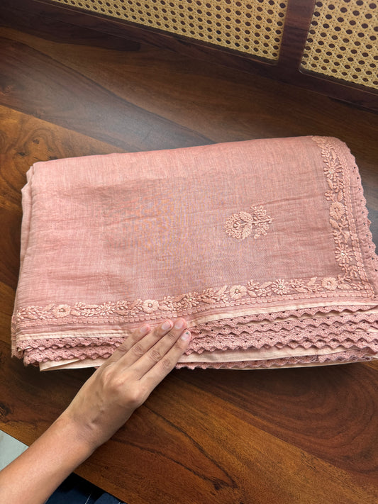Pure Mul Chanderi Chikankari Saree with Jaal Heavy Blouse - Pastel Peach