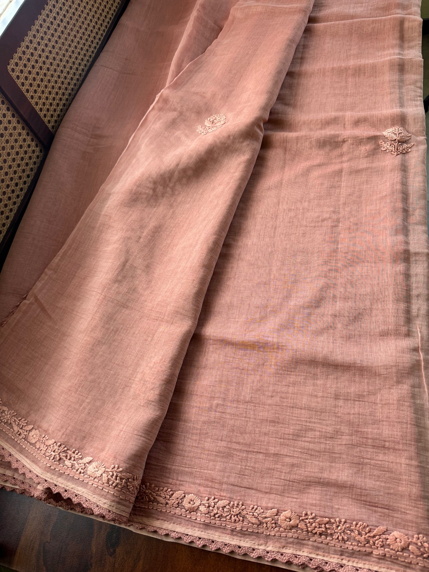 Pure Mul Chanderi Chikankari Saree with Jaal Heavy Blouse - Pastel Peach