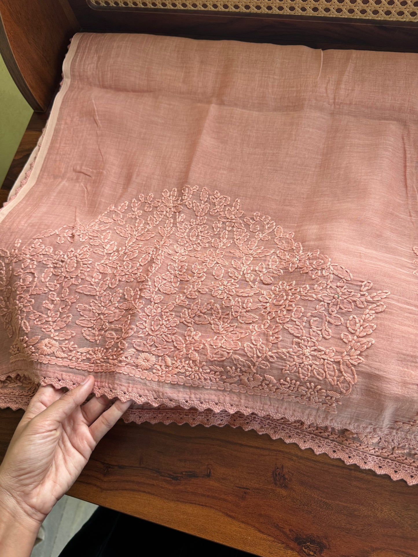 Pure Mul Chanderi Chikankari Saree with Jaal Heavy Blouse - Pastel Peach