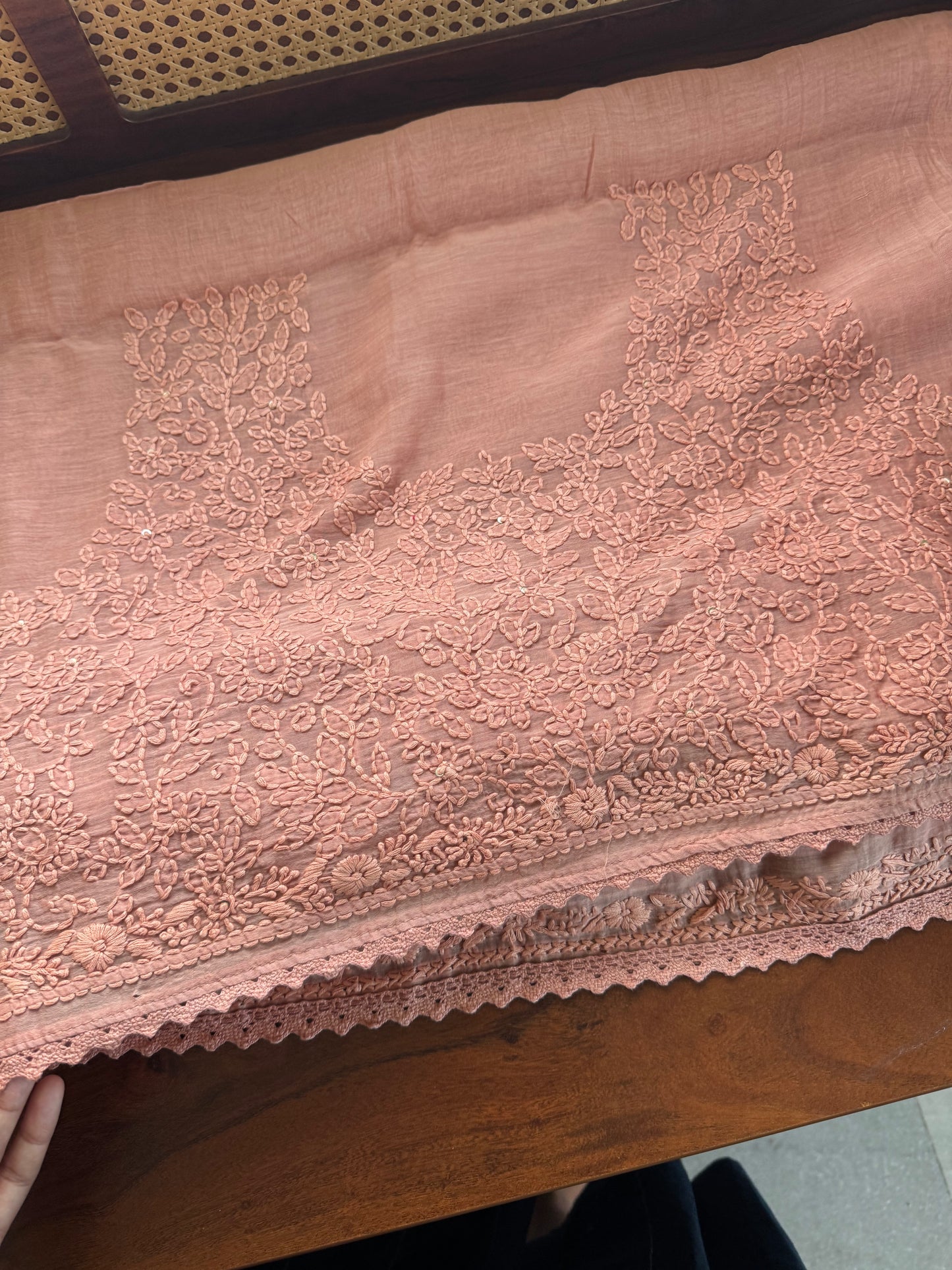 Pure Mul Chanderi Chikankari Saree with Jaal Heavy Blouse - Pastel Peach