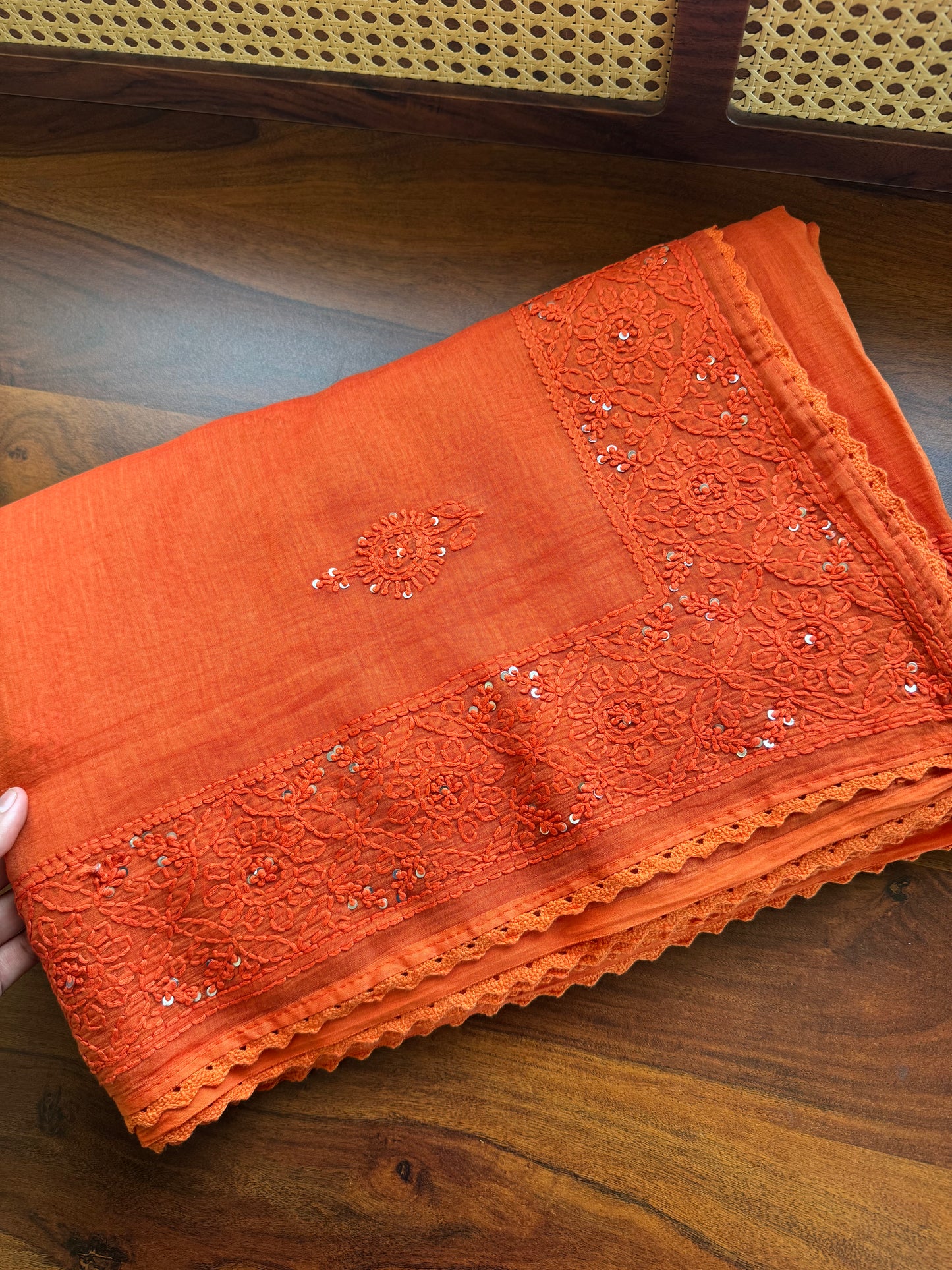 Pure Mul Chanderi Chikankari Saree - Orange