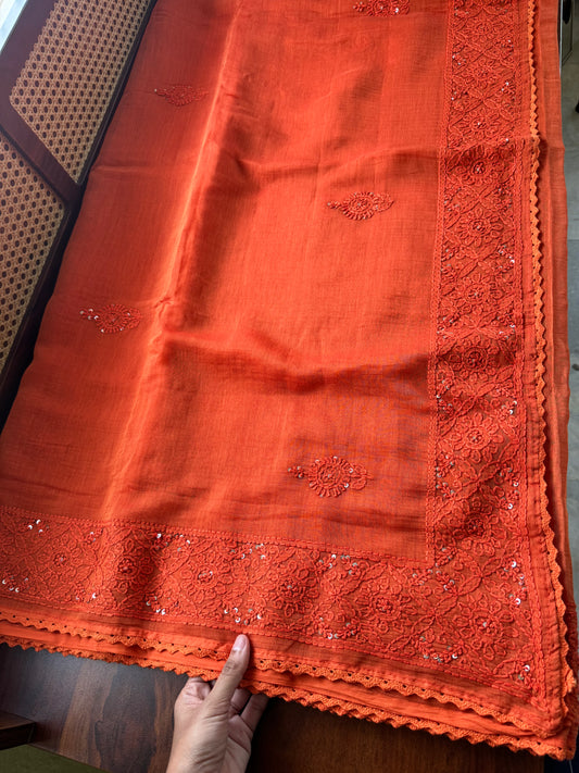 Pure Mul Chanderi Chikankari Saree - Orange