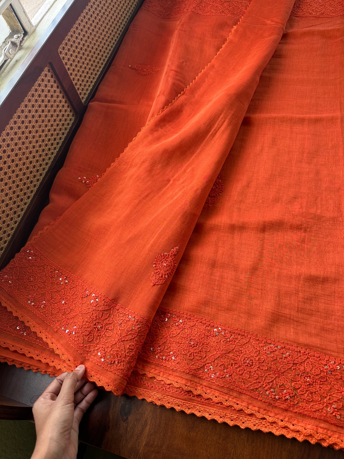 Pure Mul Chanderi Chikankari Saree - Orange
