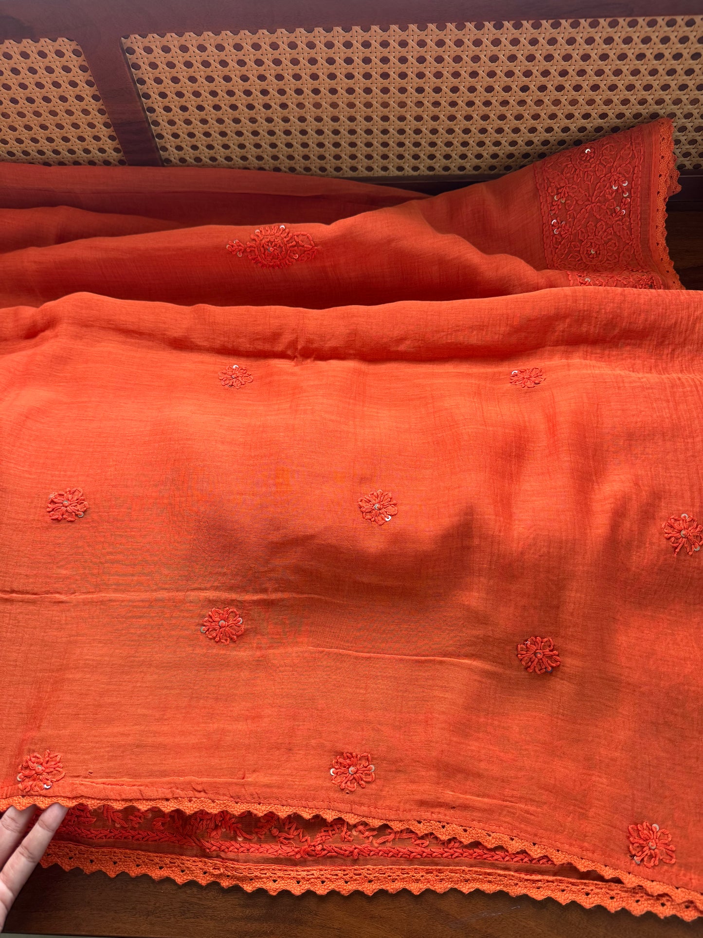 Pure Mul Chanderi Chikankari Saree - Orange