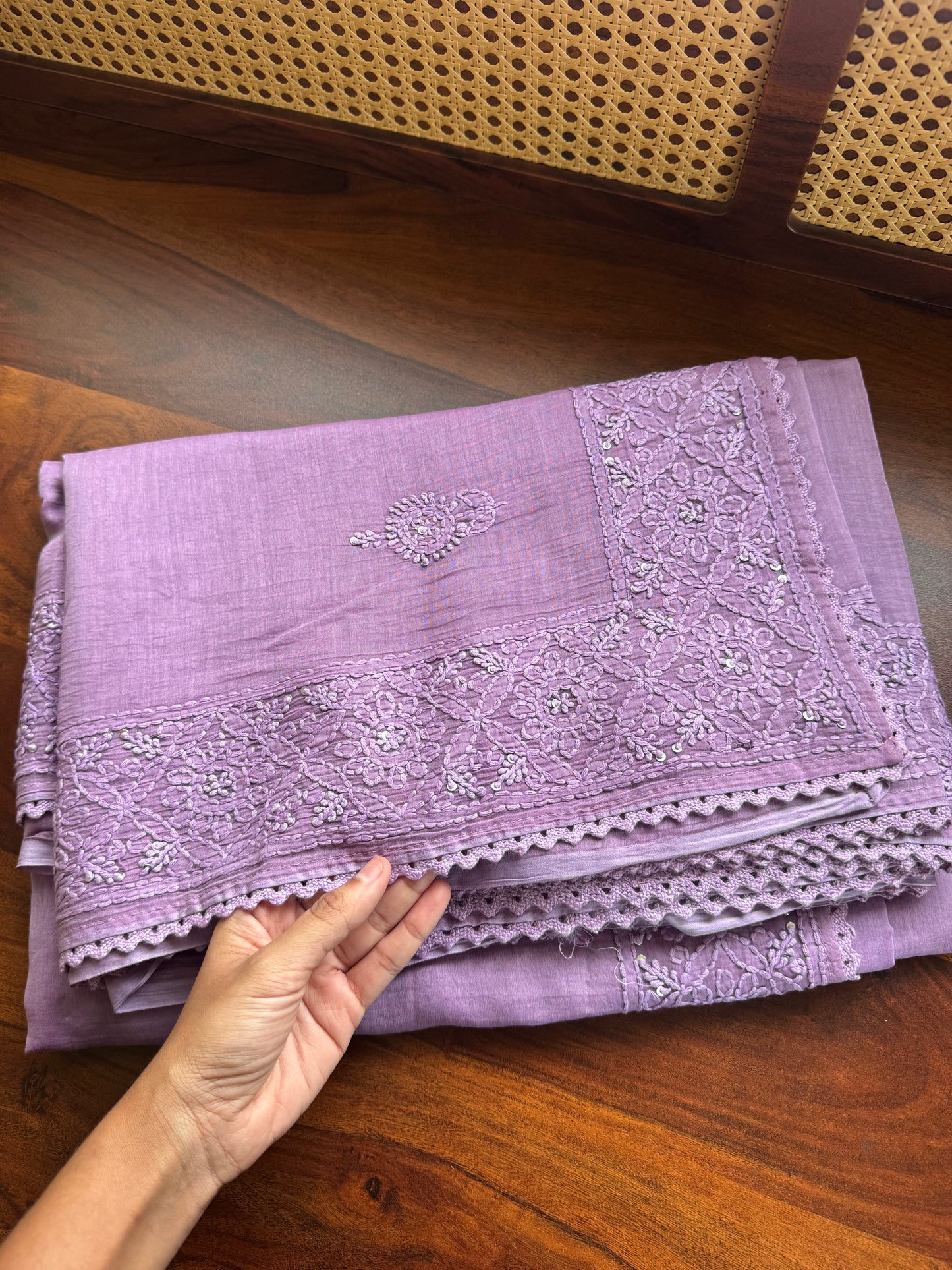 Pure Mul Chanderi Chikankari Saree - Lavender