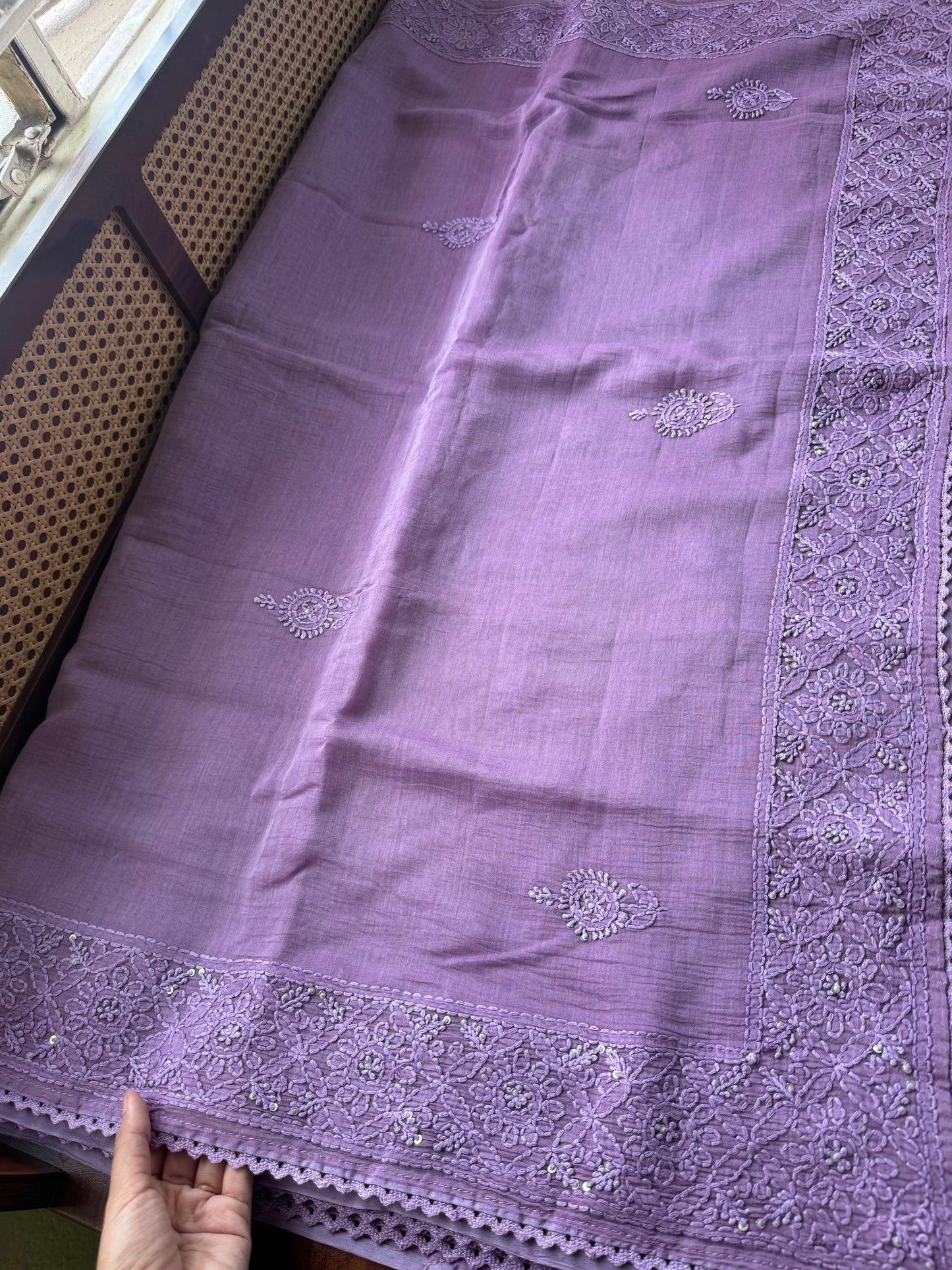 Pure Mul Chanderi Chikankari Saree - Lavender
